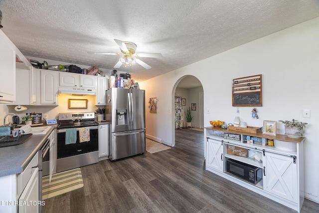 352 St Edward Dr, Dandridge, TN 37725 - kitchen with arched walkways, dark wood finished floors, a sink, under cabinet range hood, and stainless steel appliances