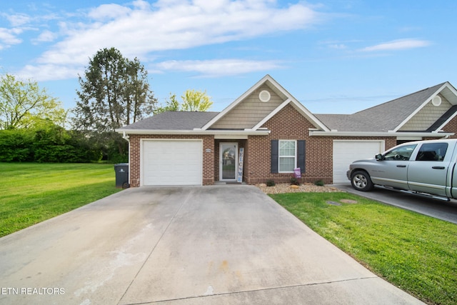 ranch-style house with brick siding, a garage, a front lawn, and driveway