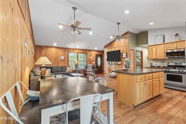 kitchen with wooden walls, stainless steel appliances, a ceiling fan, and a center island