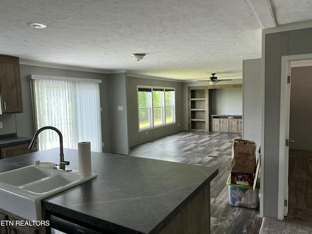 kitchen with a sink, a textured ceiling, ceiling fan, and dark wood finished floors