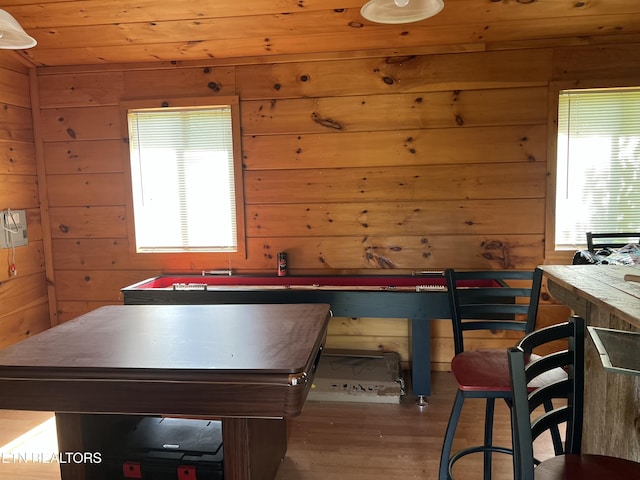rec room with wood walls, wood finished floors, and wood ceiling