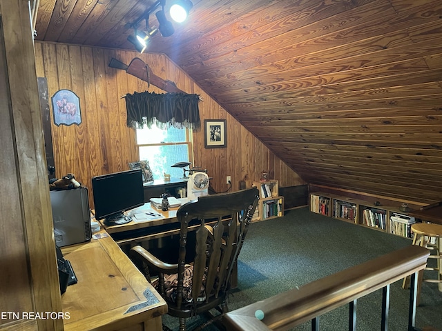 office space with wooden walls, wooden ceiling, lofted ceiling, and carpet floors
