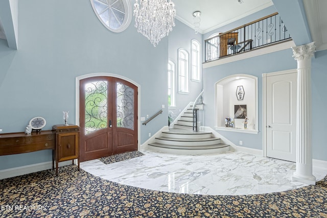 367 Barnsley Rd, Farragut, TN 37934 - entryway featuring stairs, ornamental molding, baseboards, french doors, and a towering ceiling