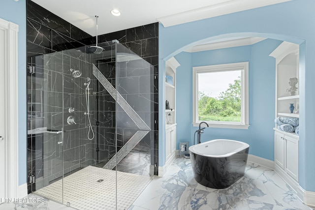 367 Barnsley Rd, Farragut, TN 37934 - bathroom with a marble finish shower, recessed lighting, marble finish floor, and a freestanding tub