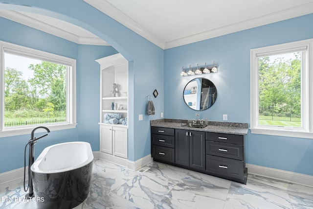 367 Barnsley Rd, Farragut, TN 37934 - full bath with vanity, crown molding, marble finish floor, and a soaking tub
