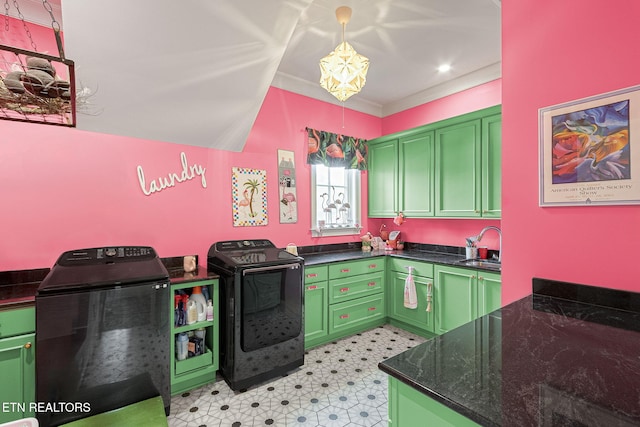 367 Barnsley Rd, Farragut, TN 37934 - kitchen featuring green cabinetry, a sink, independent washer and dryer, and light floors