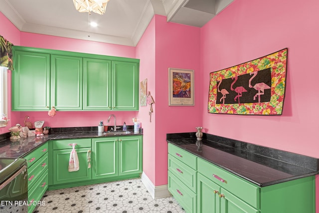 367 Barnsley Rd, Farragut, TN 37934 - kitchen featuring stove, baseboards, ornamental molding, and a sink