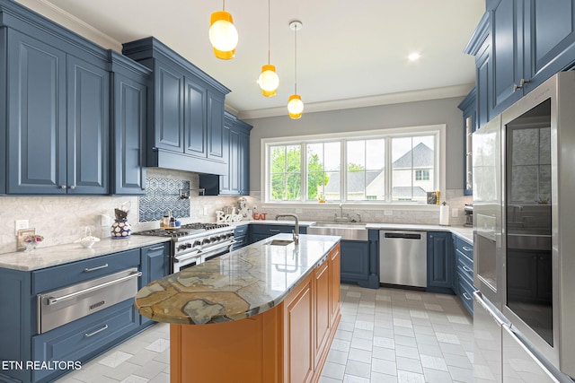 367 Barnsley Rd, Farragut, TN 37934 - kitchen featuring tasteful backsplash, blue cabinets, appliances with stainless steel finishes, a warming drawer, and crown molding