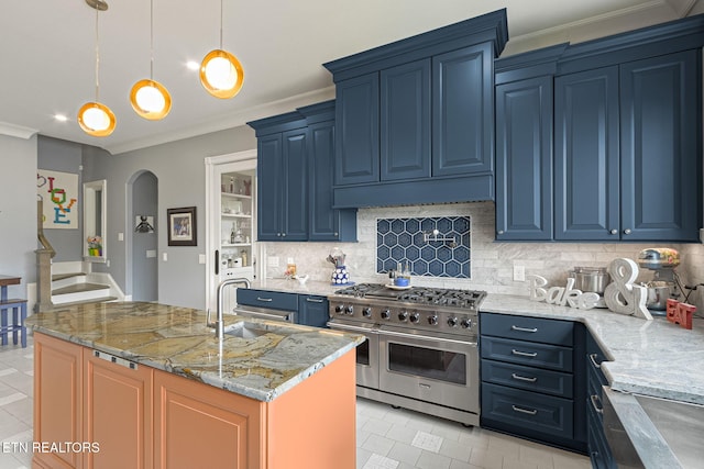 367 Barnsley Rd, Farragut, TN 37934 - kitchen with double oven range, a sink, and blue cabinetry