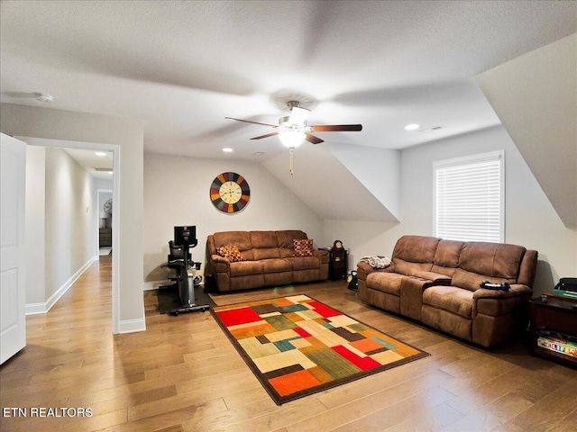 107 Mistletoeberry Rd, Oak Ridge, TN 37830 - living room featuring recessed lighting, a ceiling fan, light wood-style floors, and vaulted ceiling