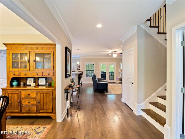 107 Mistletoeberry Rd, Oak Ridge, TN 37830 - corridor with recessed lighting, dark wood-type flooring, stairs, baseboards, and ornamental molding