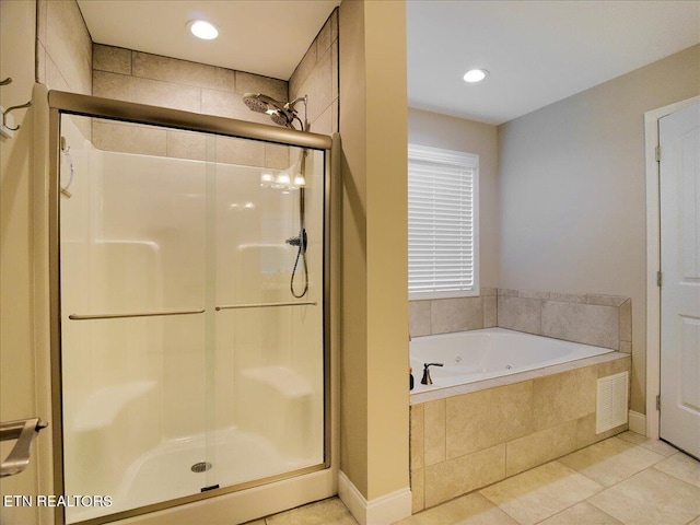 107 Mistletoeberry Rd, Oak Ridge, TN 37830 - bathroom featuring recessed lighting, a shower stall, visible vents, a garden tub, and tile patterned flooring