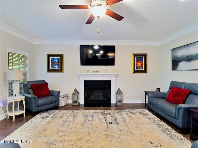 107 Mistletoeberry Rd, Oak Ridge, TN 37830 - living area with a ceiling fan, crown molding, dark wood-style floors, and baseboards