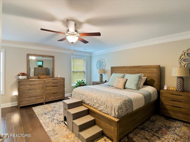 107 Mistletoeberry Rd, Oak Ridge, TN 37830 - bedroom with ornamental molding, a ceiling fan, baseboards, and dark wood finished floors