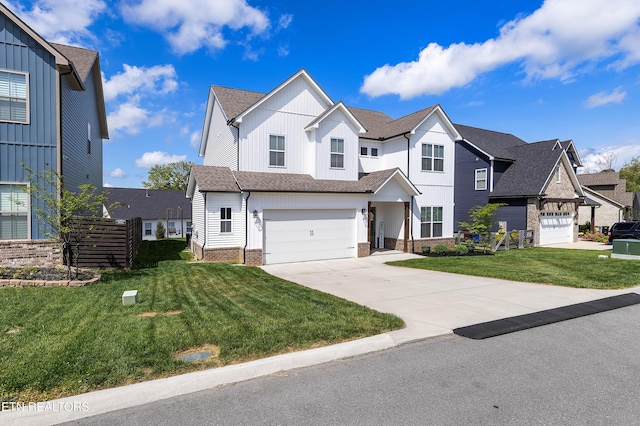 view of front of home featuring board and batten siding, a garage, driveway, roof with shingles, and a front lawn