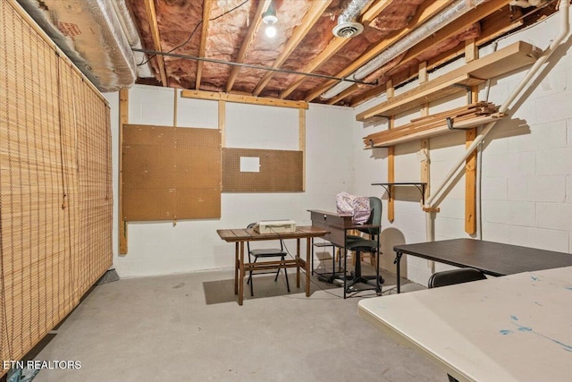 below grade area featuring concrete block wall