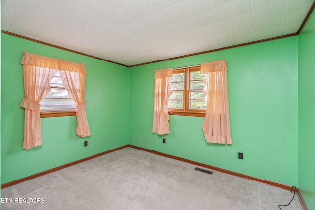 spare room with crown molding, visible vents, a wealth of natural light, and carpet