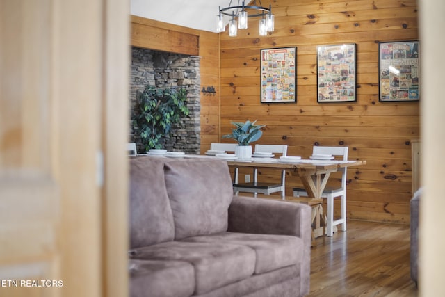 home office with wood walls and wood finished floors