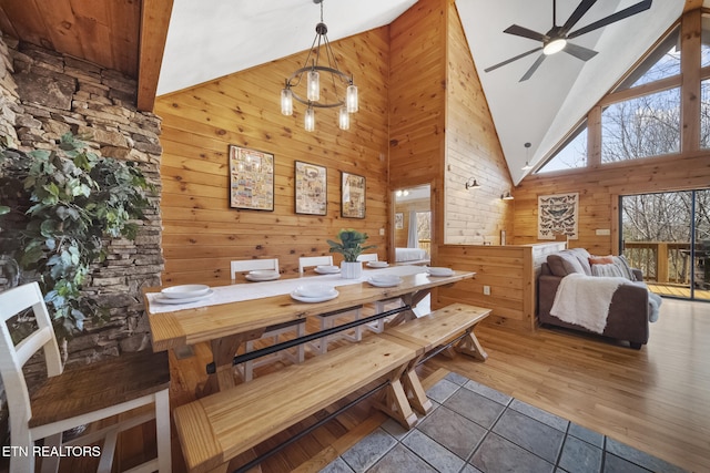 dining room featuring wooden walls, ceiling fan, high vaulted ceiling, wood finished floors, and beamed ceiling
