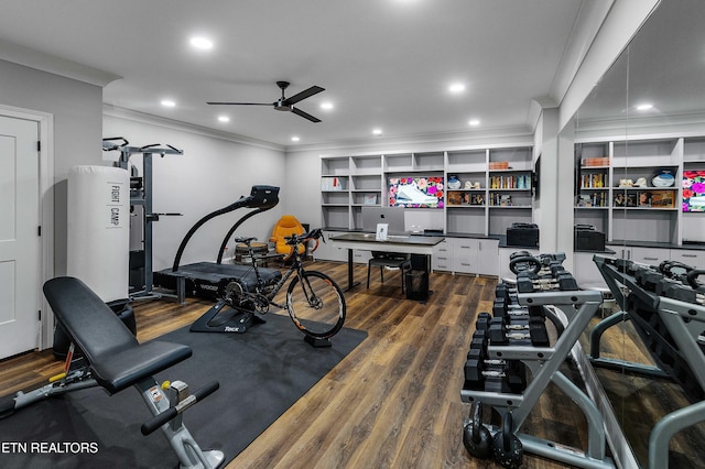 8947 Linksvue Dr, Knoxville, TN 37922 - workout room featuring wood finished floors, crown molding, and a ceiling fan