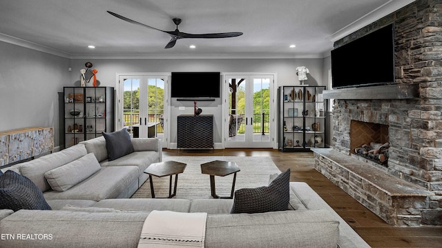 8947 Linksvue Dr, Knoxville, TN 37922 - living area with ornamental molding, a ceiling fan, wood finished floors, and french doors