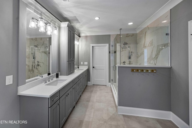 8947 Linksvue Dr, Knoxville, TN 37922 - full bath with recessed lighting, double vanity, a marble finish shower, and a sink