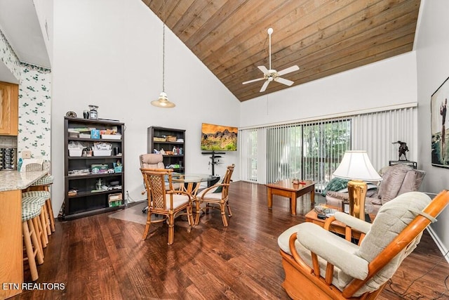 67 Eagle Ct, Crossville, TN 38558 - dining space featuring wood ceiling, wood finished floors, ceiling fan, and high vaulted ceiling