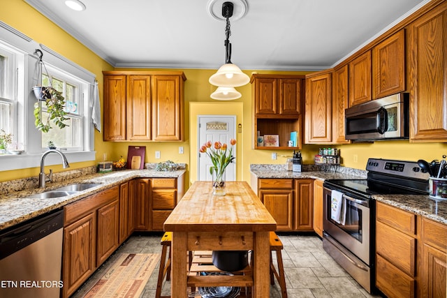 kitchen featuring open shelves, butcher block countertops, a sink, decorative light fixtures, and stainless steel appliances