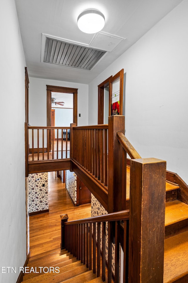 staircase with a ceiling fan, attic access, wood finished floors, and visible vents