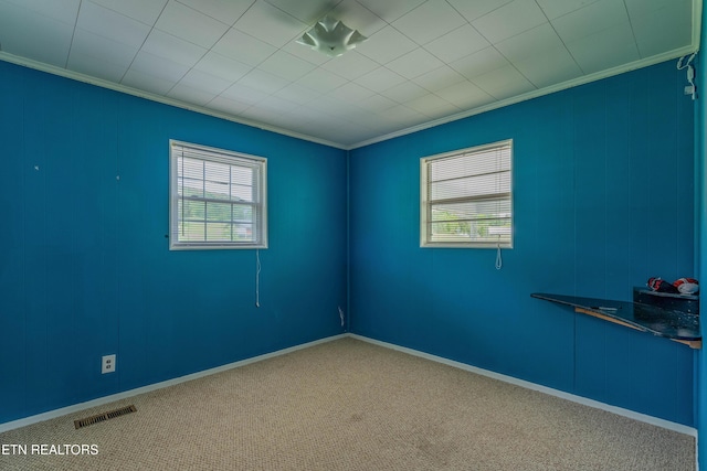 empty room featuring ornamental molding, a healthy amount of sunlight, visible vents, and carpet