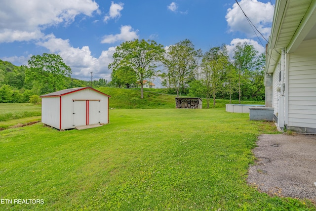 view of yard with an outdoor structure and a shed