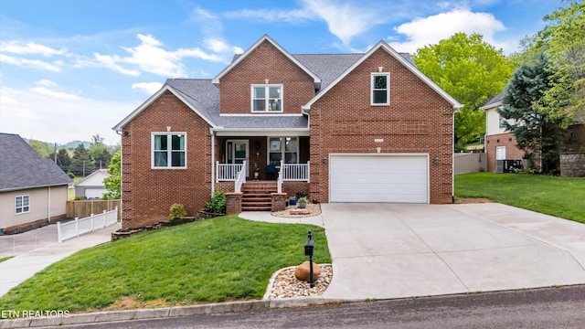 traditional-style house featuring brick siding, a front lawn, fence, and covered porch