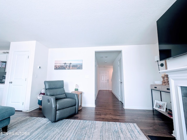 living area featuring dark wood-style flooring, baseboards, and a fireplace