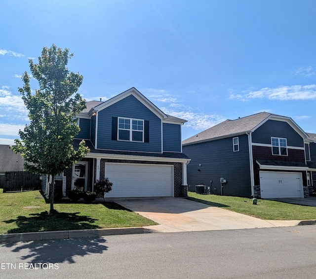 view of front of house featuring an attached garage, fence, concrete driveway, a front lawn, and central air condition unit