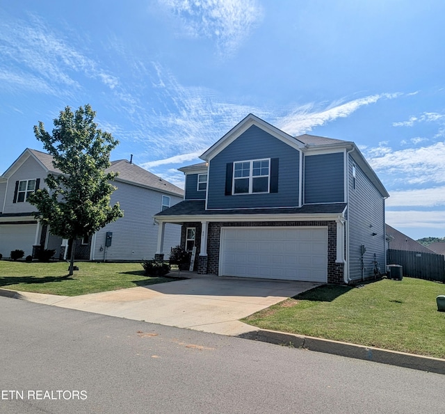 traditional home with an attached garage, central AC, a front lawn, brick siding, and driveway