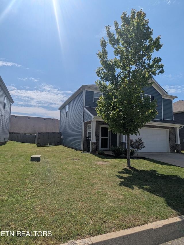 obstructed view of property featuring a garage, fence, concrete driveway, a front lawn, and brick siding