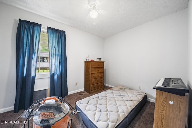301 Hill St, Rocky Top, TN 37769 - carpeted bedroom with a textured ceiling, ceiling fan, and baseboards