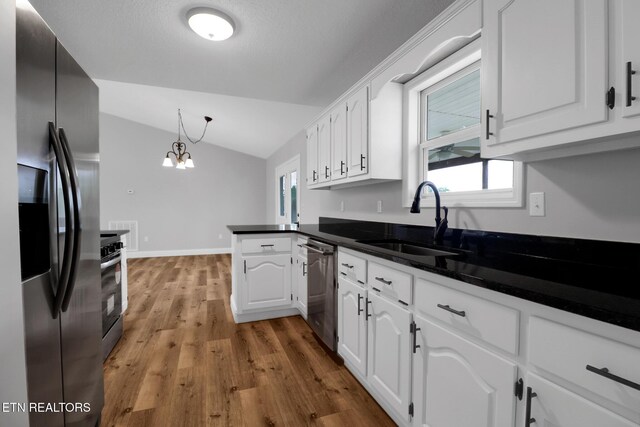 1228 Allardt Hwy, Jamestown, TN 38556 - kitchen featuring stainless steel appliances, a sink, dark countertops, vaulted ceiling, and white cabinetry