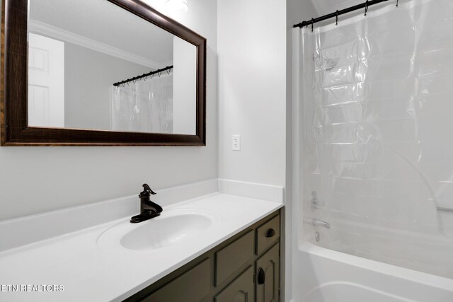 1228 Allardt Hwy, Jamestown, TN 38556 - bathroom with crown molding, vanity, and shower / bath combination with curtain