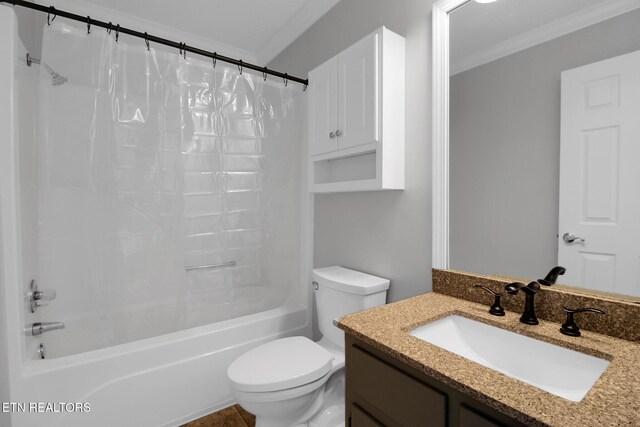 1228 Allardt Hwy, Jamestown, TN 38556 - bathroom featuring toilet, shower / bath combo with shower curtain, ornamental molding, and vanity