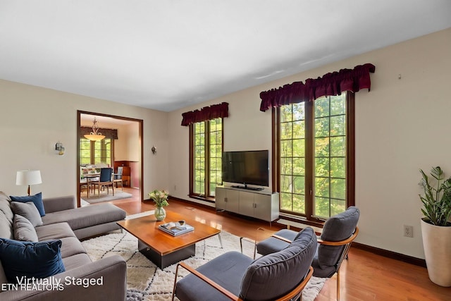 living room featuring plenty of natural light, baseboards, and wood finished floors