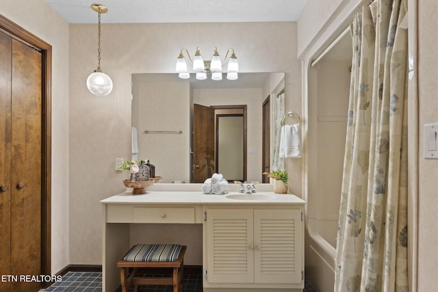 full bath with vanity and shower / bath combination with curtain