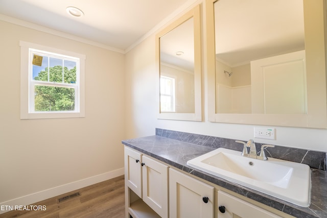 2128 Duncan Rd, Maryville, TN 37803 - bathroom featuring vanity, ornamental molding, baseboards, and wood finished floors