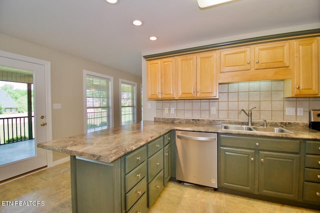 kitchen featuring stainless steel dishwasher, a peninsula, tasteful backsplash, a sink, and green cabinets