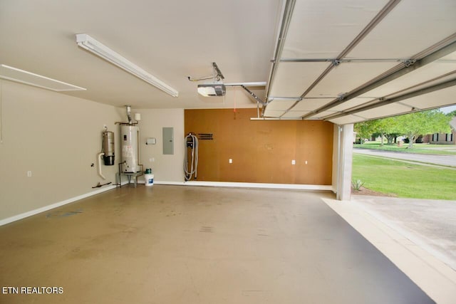 garage with baseboards, a garage door opener, gas water heater, and electric panel