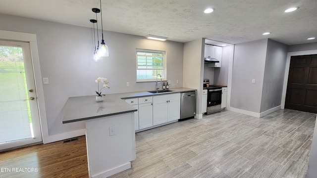kitchen with stainless steel dishwasher, a peninsula, white cabinets, a sink, and range with electric cooktop