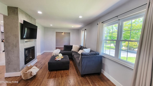 living room featuring baseboards, wood finished floors, and a wealth of natural light