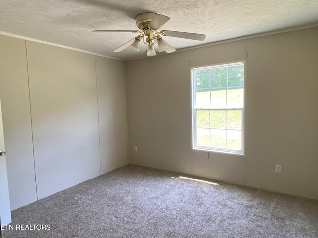 spare room with a textured ceiling, ceiling fan, a decorative wall, and carpet flooring