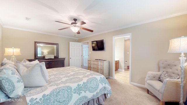 bedroom with ceiling fan, light colored carpet, baseboards, visible vents, and ornamental molding