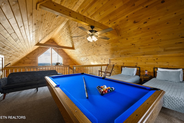 936 Buck Way, Sevierville, TN 37876 - recreation room featuring ceiling fan, wood walls, carpet, lofted ceiling, and wood ceiling